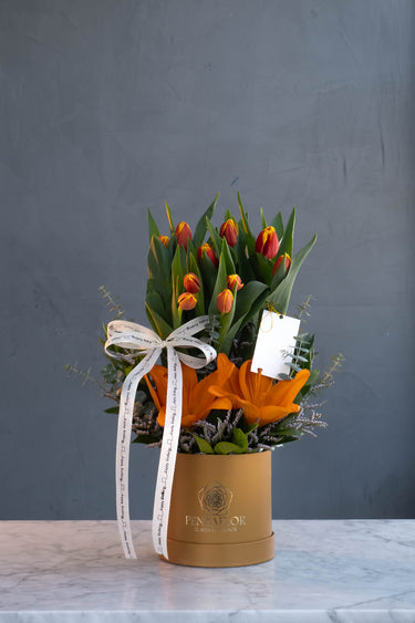 Box Premium de Tulipanes Bicolores y Lilium Naranjas